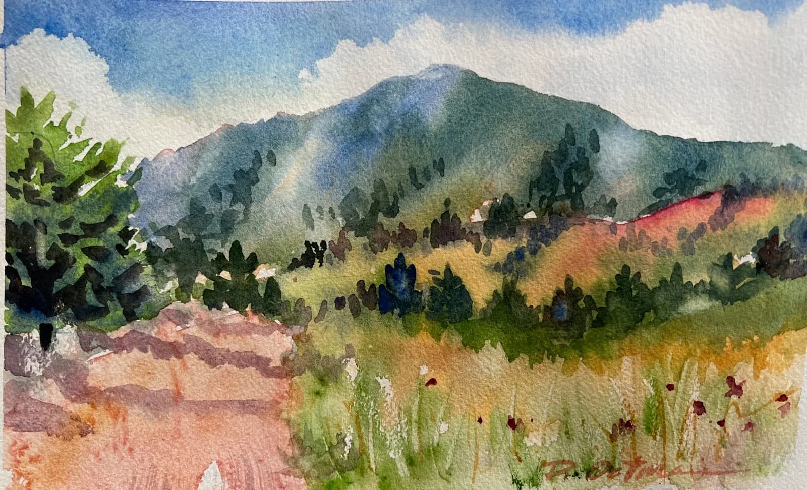 A watercolor landscape of a forested mountain valley with wildflower-dotted meadow in the foreground.