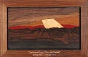 Oil painting of a layered mountain landscape beneath a warm sunset sky.