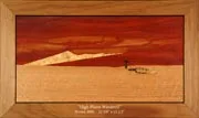 Oil painting of the Boulder Flatirons at sunset, rendered in warm ochre and crimson tones across an arid mountain landscape.