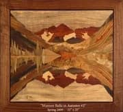 Oil painting depicting the Boulder Flatirons rising above a forested canyon floor in warm earth tones.