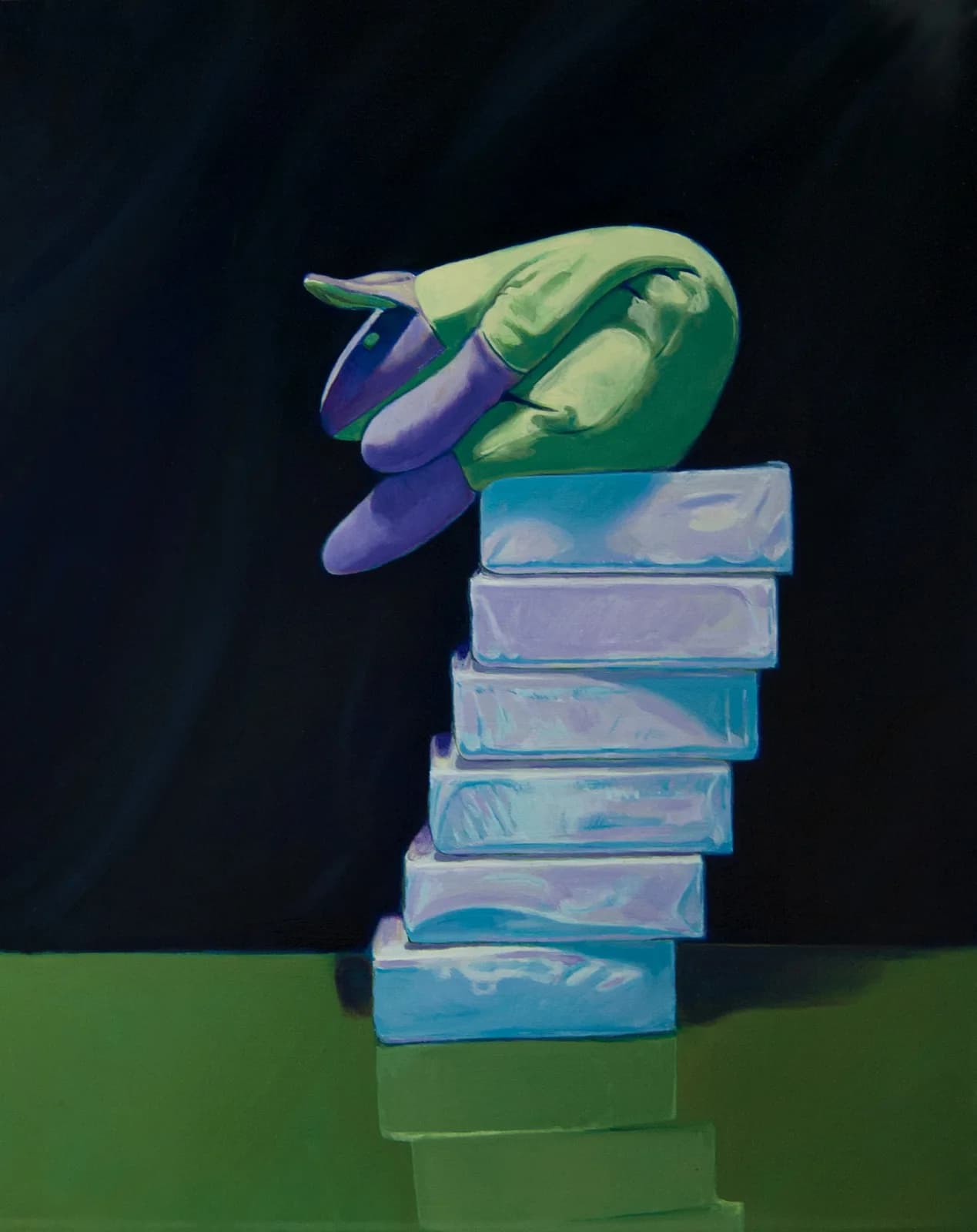 Stacked bars of soap topped with an eggplant and purple boot, rendered in acrylic against a dark background.