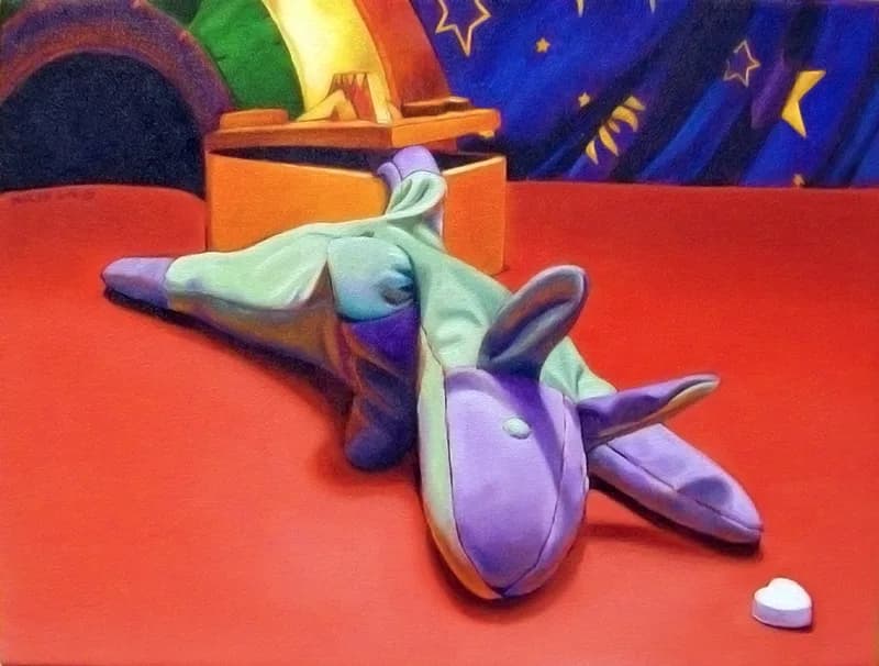 A surrealist clay figure reclines against a cosmic backdrop of rainbow stripes and stars.