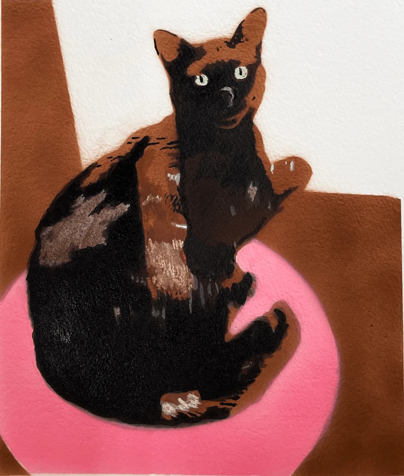 A black cat with copper-toned markings sits on a bright pink cushion against warm brown walls.