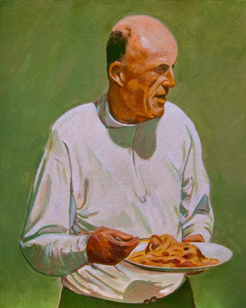 Oil portrait of a bald man in a light shirt holding food against a green background.