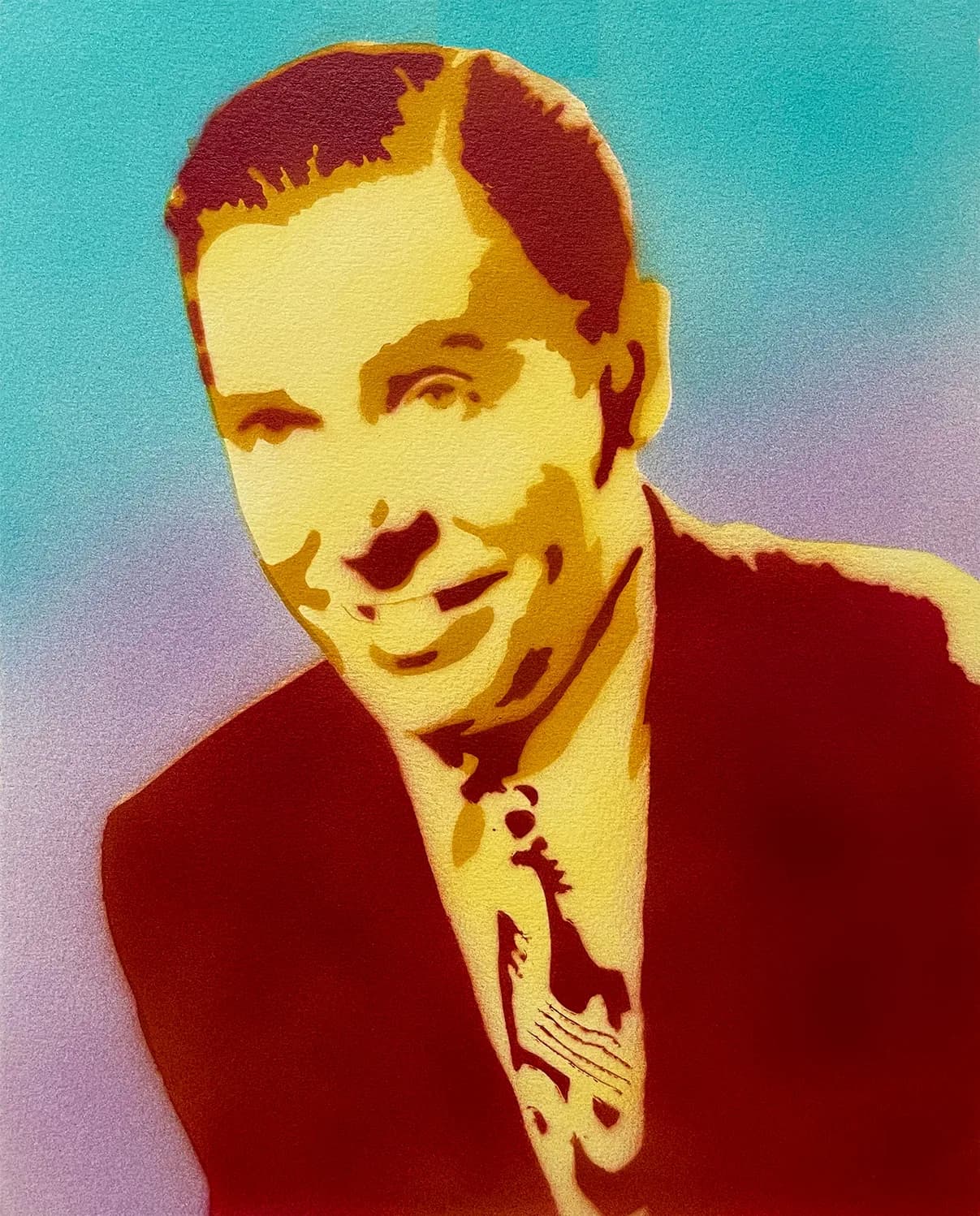 A stylized portrait in red, yellow, and turquoise rendered as a color-blocked pop-art composition.
