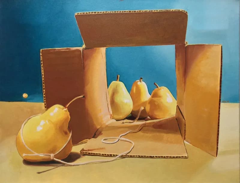 Yellow pears arranged inside and outside a cardboard box against a blue background, rendered in photorealistic oil paint.