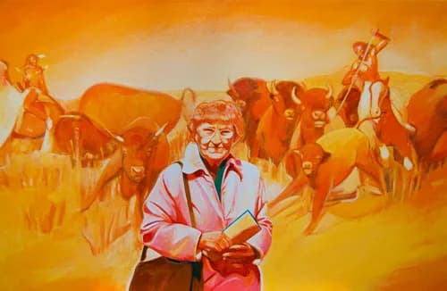 An older woman in a pink shirt and cowboy hat stands amid cattle and ranch workers in warm ochre and orange tones.