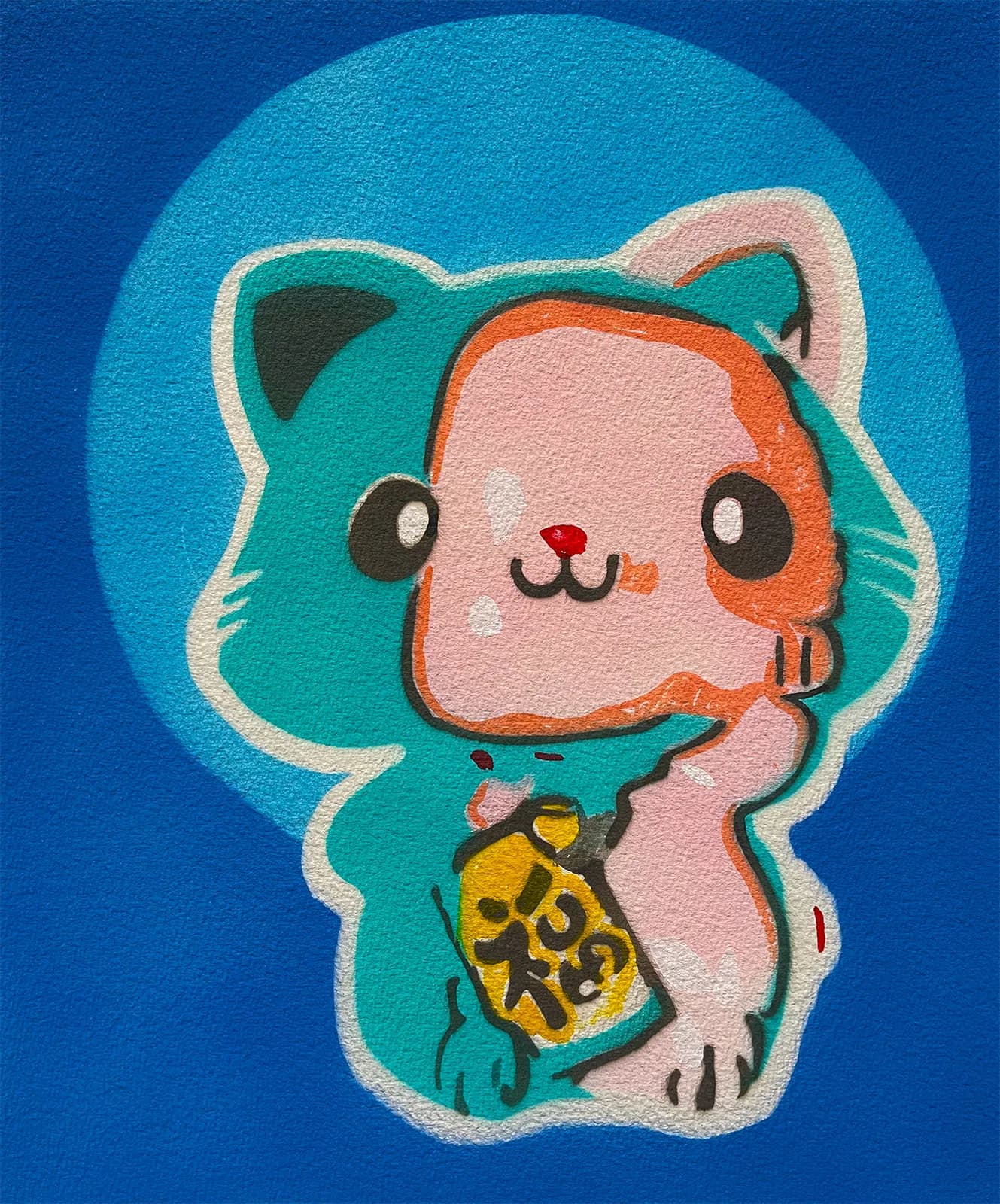 A stylized lucky cat figure in turquoise and pink, painted in acrylic on a deep blue ground.