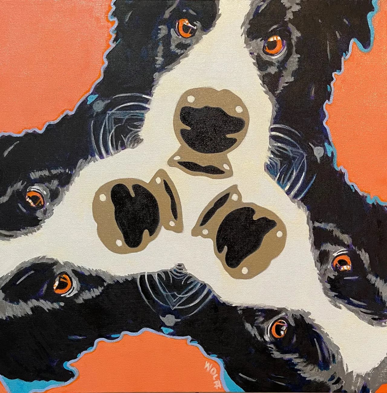 A black-and-white border collie with amber eyes gazes downward among paw prints, rendered in vibrant acrylic on canvas.