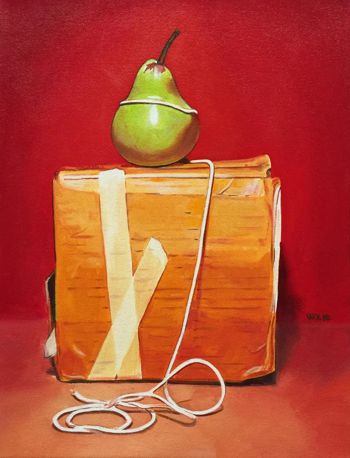 A green pear balanced atop a burnt-orange vintage suitcase with coiled rope, rendered in oil on a red ground.