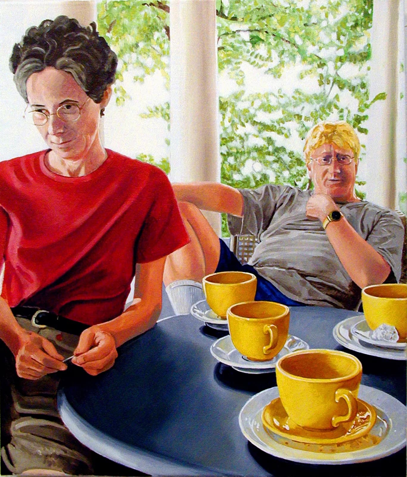 Two figures seated at a table with yellow cups, rendered in watercolor with careful attention to light and portraiture.