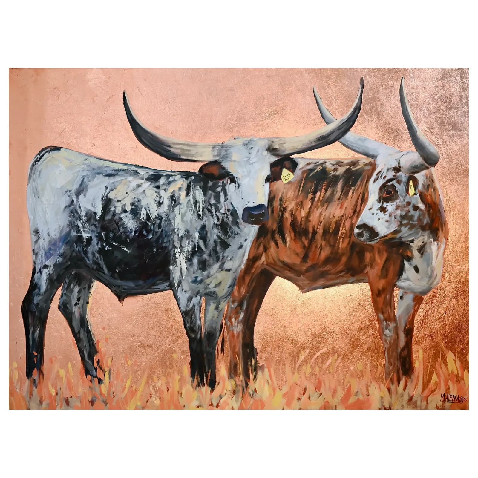 Two long-horned steers rendered in acrylic against a rust-toned background with dry grass.