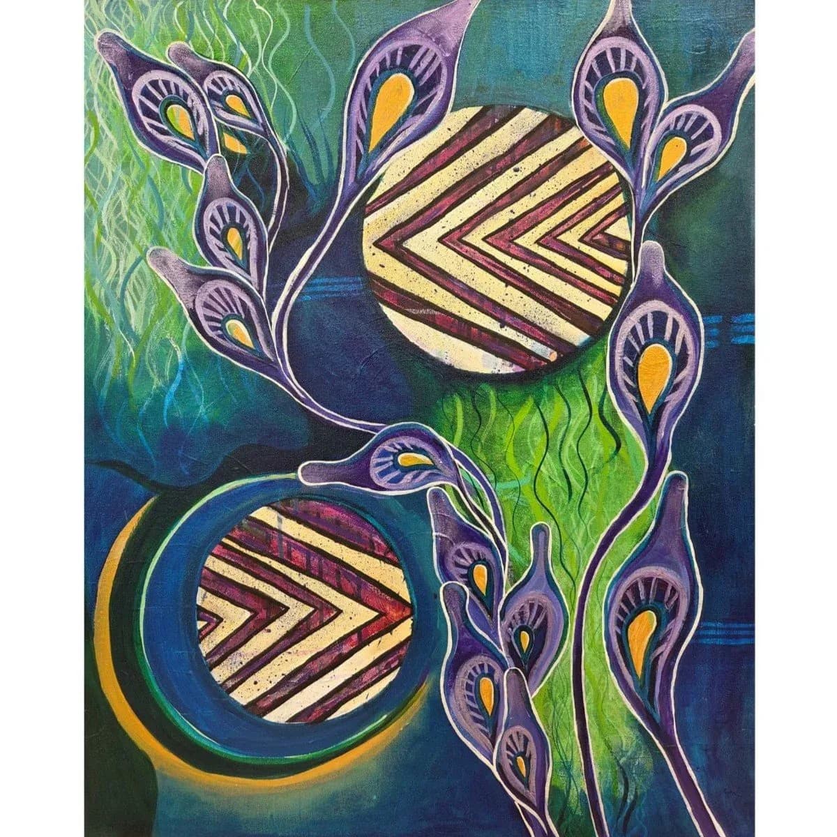 Abstract acrylic painting of stylized peacock feathers and botanical forms with geometric patterns in purple, green, and gold.
