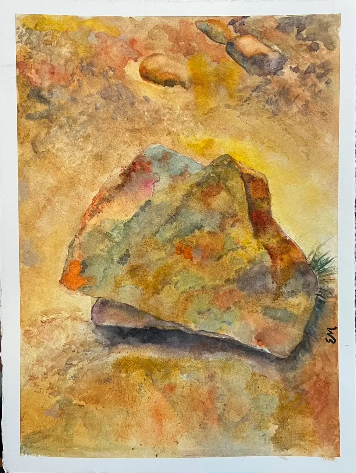 A fish rendered in mottled watercolor with warm earth tones and soft impressionistic detail.