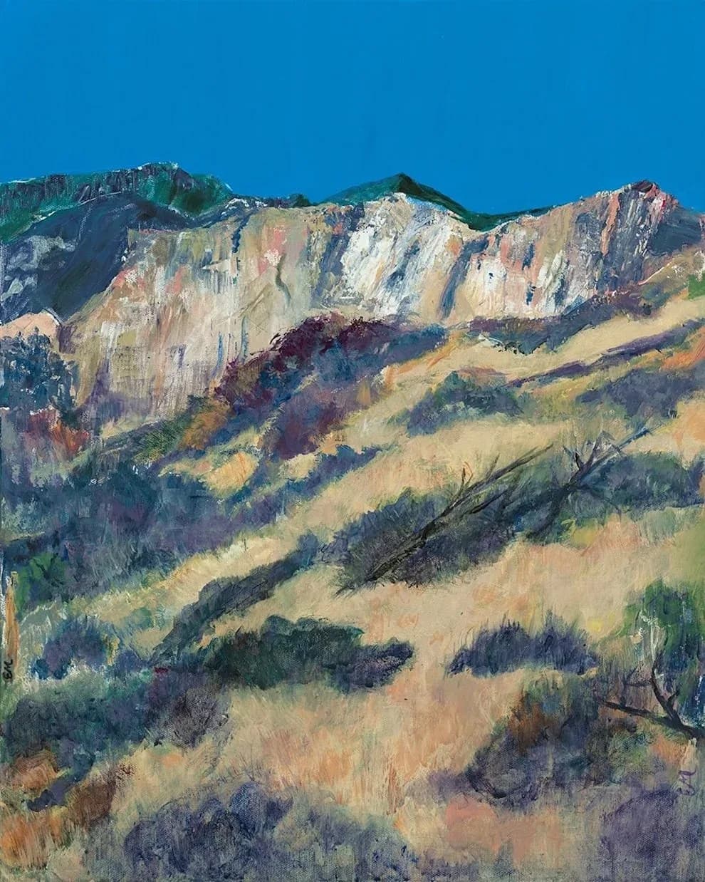 Oil painting of the Boulder Flatirons with golden foothills and purple brush strokes across tilted sandstone formations.