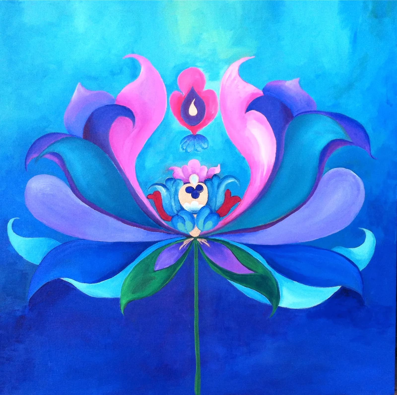A symmetrical abstract flower with layered petals in magenta, blue, and purple against a luminous blue gradient background.