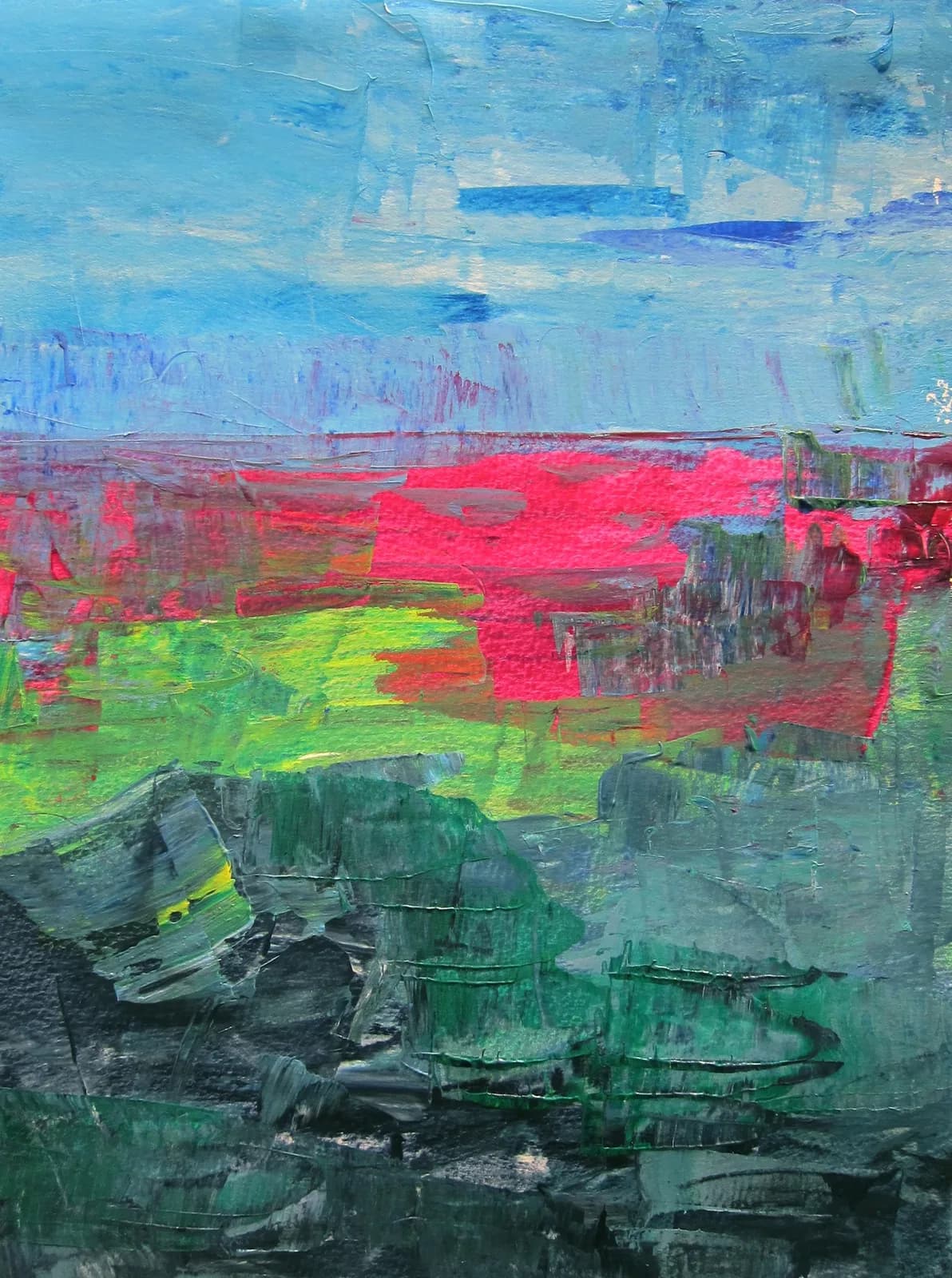 Abstract landscape with layered horizons in acrylic, sky blue to deep green with vivid magenta and lime accents.