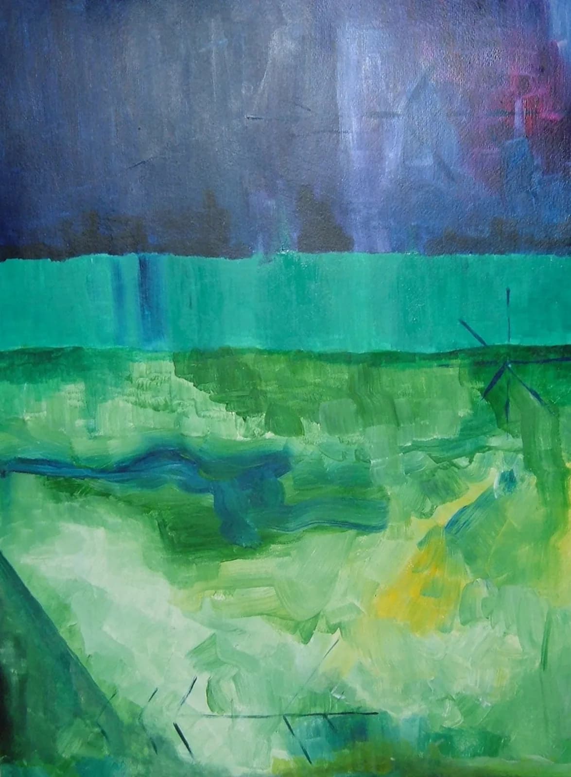 Abstract acrylic painting of layered landscape with turquoise, green, and misty blue tones divided horizontally.