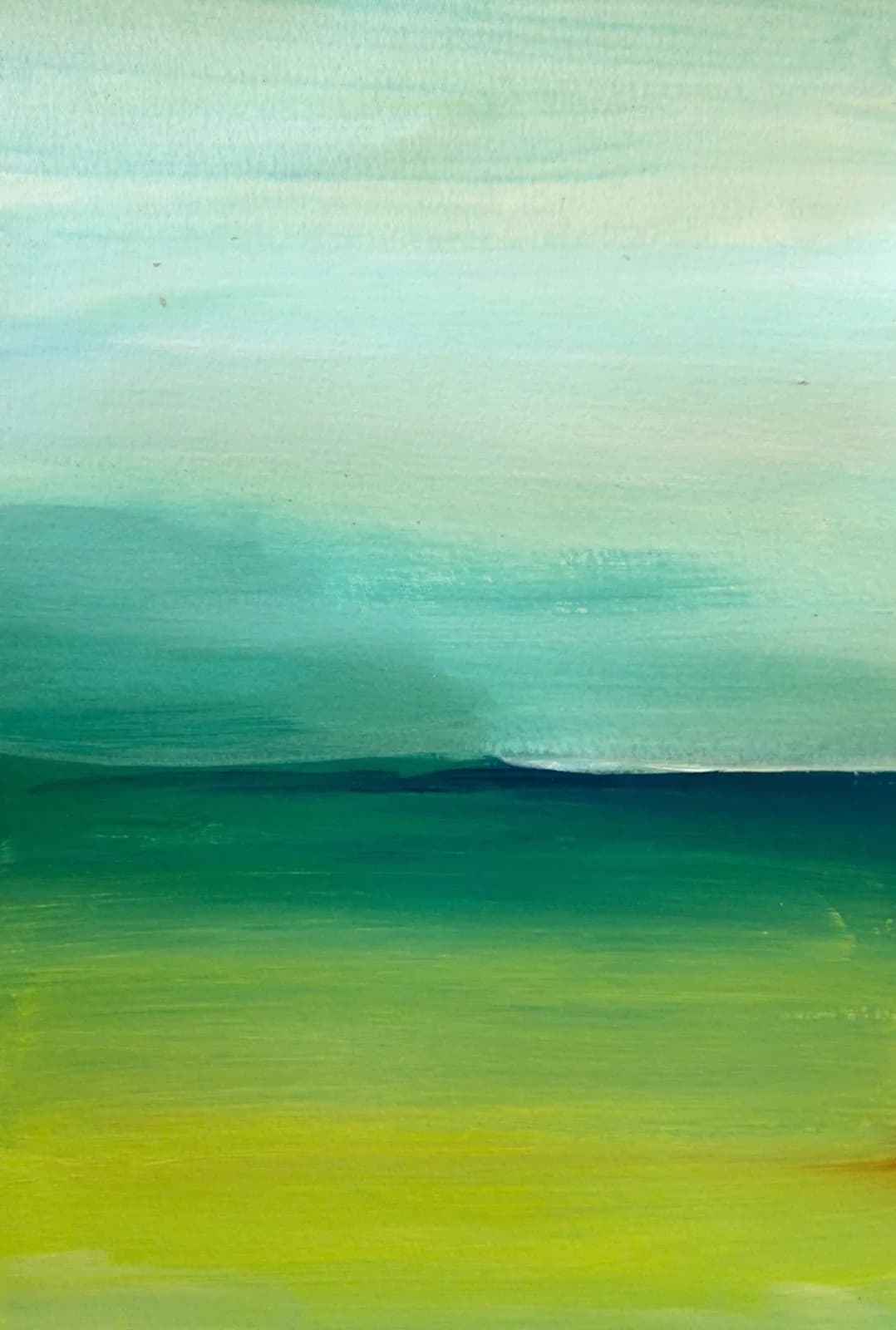 Layered landscape with soft horizon and gradual color shift from pale turquoise to lime green.