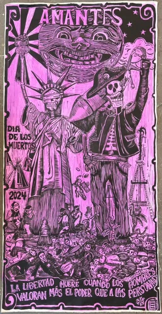 Political printmaking featuring skeleton figures and the Statue of Liberty in vibrant magenta and black ink.