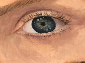A hyperrealistic pastel portrait of a blue eye with fine lashes and surrounding skin.