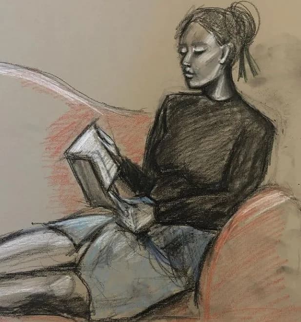 A seated young woman holding a geometric form, rendered in charcoal and pastel on paper.