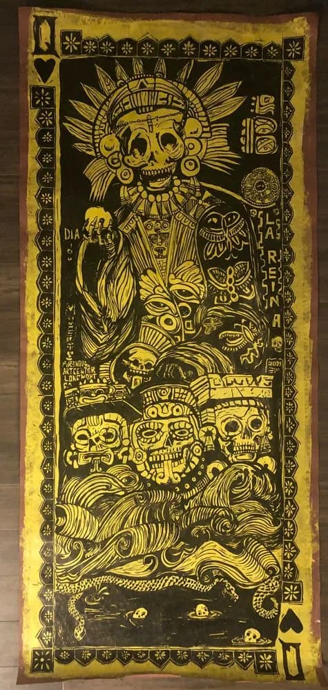 Yellow and black woodcut-style print depicting skeletal figures and skulls in Mexican folk-art tradition.