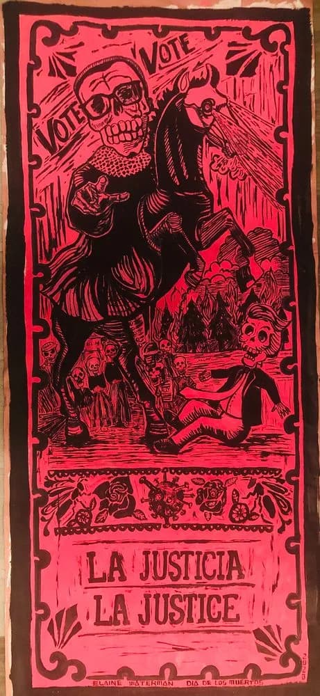 Street art political print with "La Justicia/La Justice" tarot-style imagery in bold pink and black.
