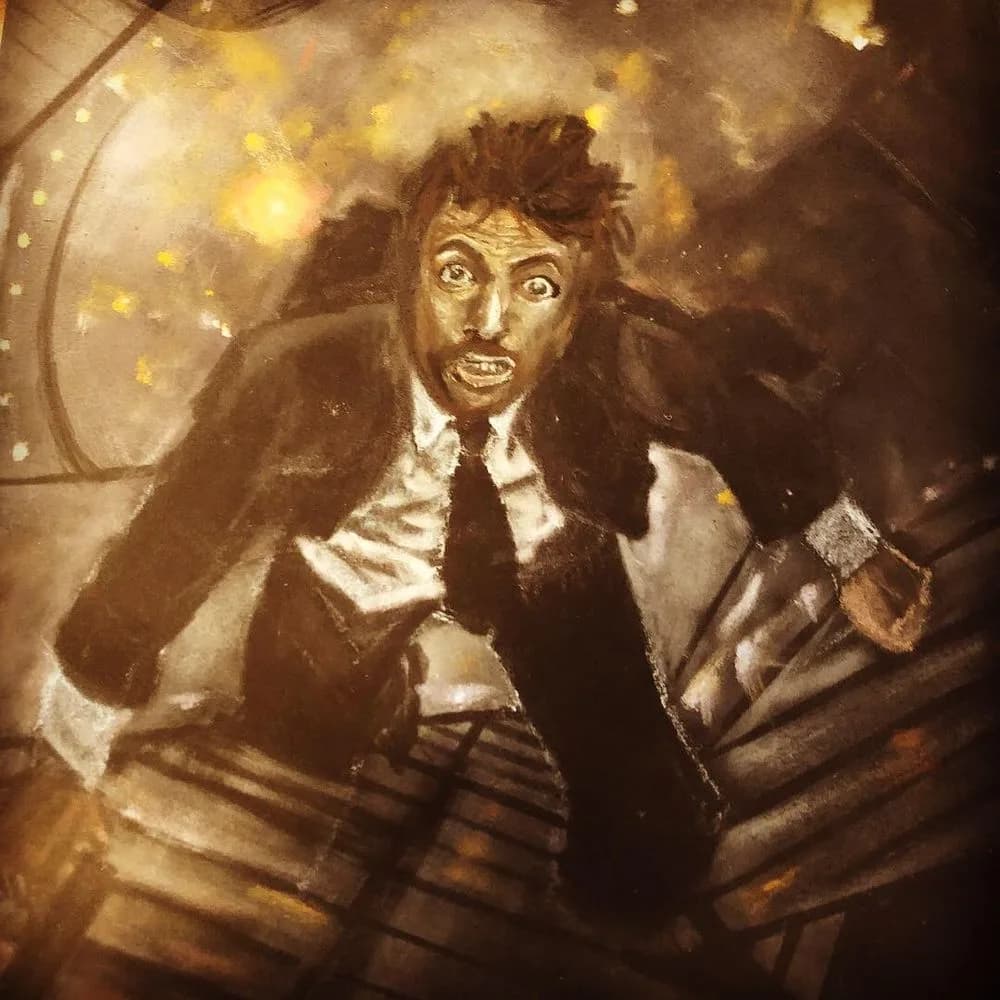 A surreal oil portrait of a wide-eyed man with wings in a clock-filled interior rendered in sepia tones.