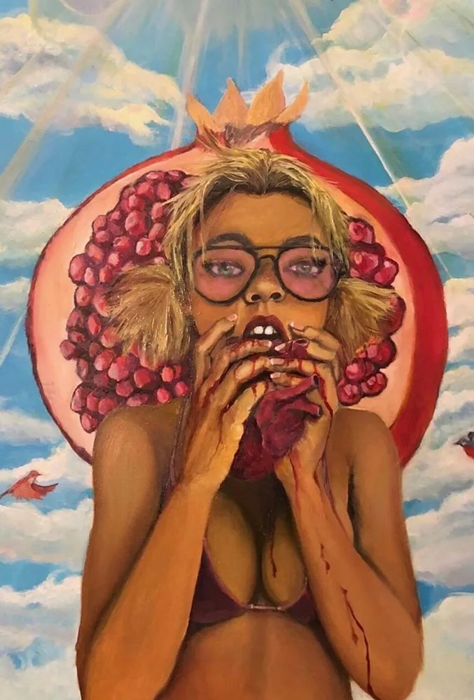 Portrait of a figure with a pomegranate head and pink glasses against a cloudy sky, rendered in oil.