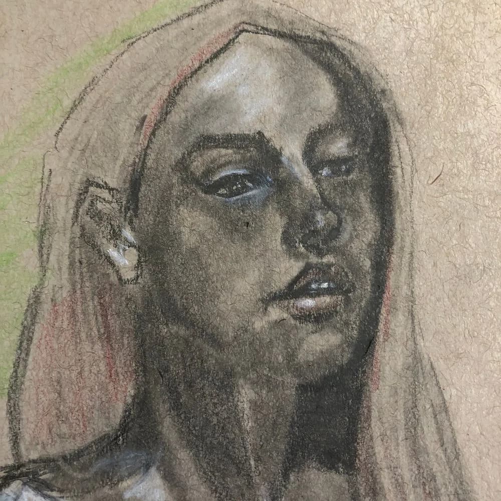 A pastel portrait of a woman with shoulder-length hair, rendered in tonal grays and soft color accents.