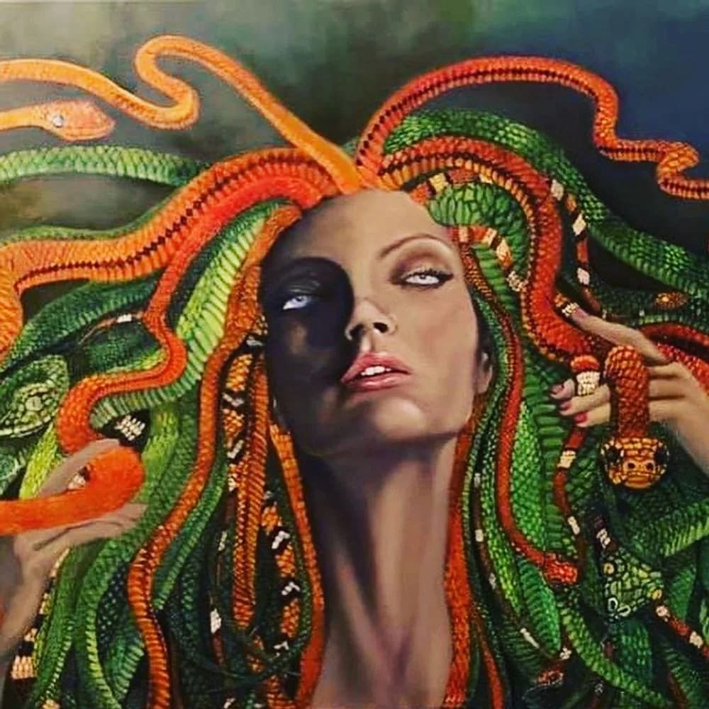 A surreal portrait of a woman with snakes rendered in vivid greens and oranges replacing her hair.
