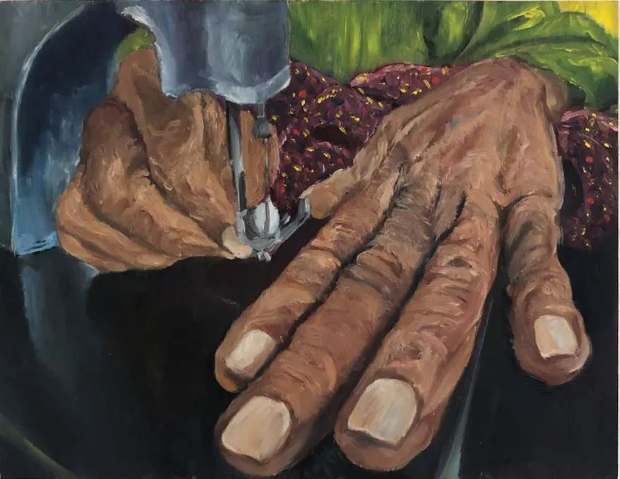 Detailed acrylic portrait study of hands holding a small vessel or object, warm earth tones and rich background colors.