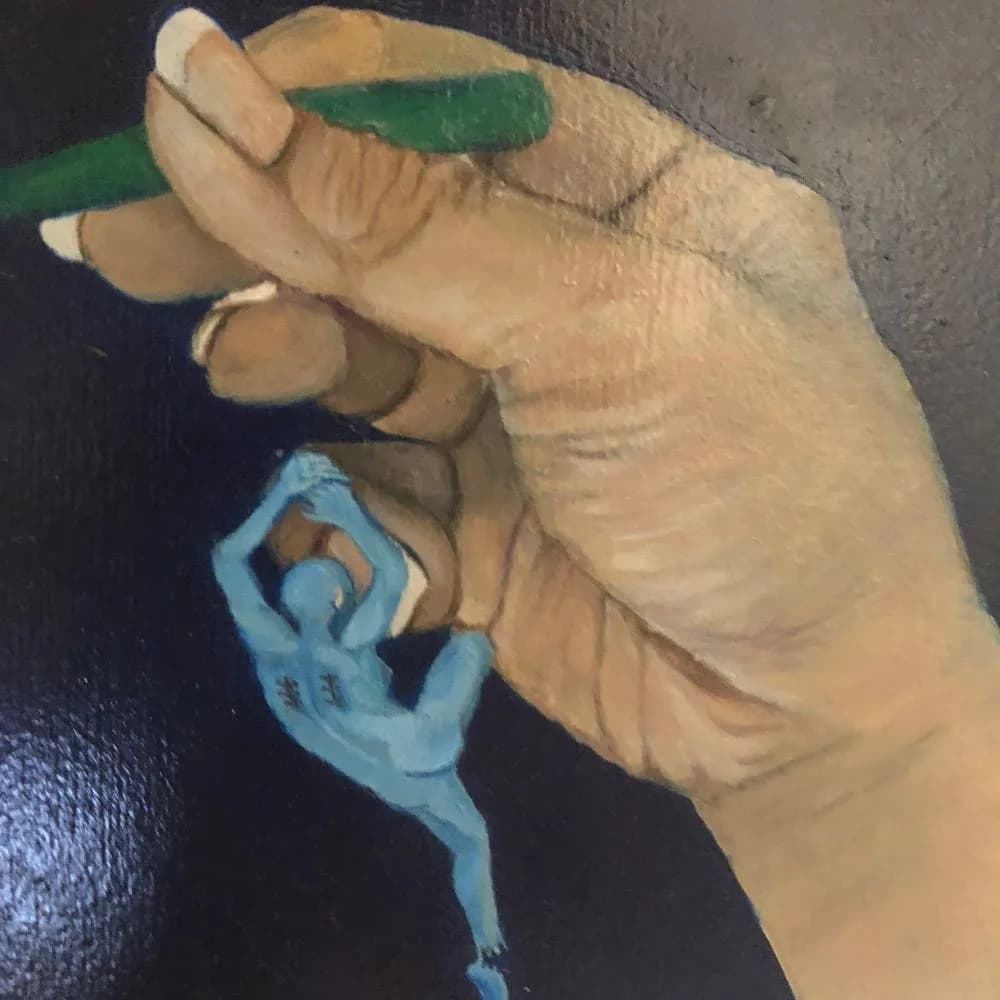 Oil painting of a large hand in neutral tones cradling a small blue figurative form.
