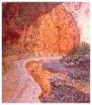 Abstracted landscape with layered earth tones and textured surface detail, painted in acrylic.