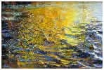 Golden light reflects across water with textured ripples and soft, impressionistic brushwork.