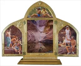 Three-panel oil triptych with gilt frame depicting religious figures in classical Renaissance style.