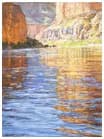Watercolor painting of the Boulder Flatirons reflected in calm water at golden hour.