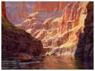 Oil painting of a canyon with warm golden light reflecting off water and towering rock walls.