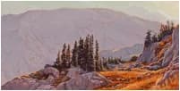 Alpine landscape with coniferous forest and distant mountain in soft watercolor.