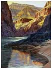 Boulder Flatirons canyon with a reflective stream and warm afternoon light, rendered in oil.