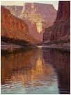 Oil painting of a canyon river with towering sandstone cliffs reflected in still water beneath warm light.