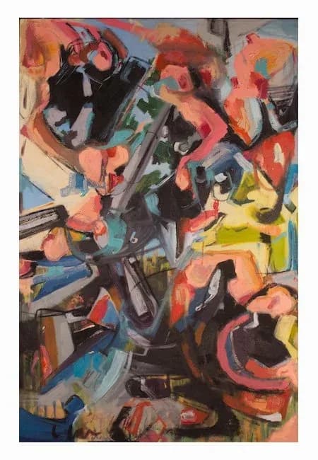 Abstract painting with gestural brushwork, fragmented figures, and vibrant coral, blue, yellow, and black forms.