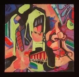 Abstract composition with bold geometric forms and mask-like faces rendered in vibrant acrylic.