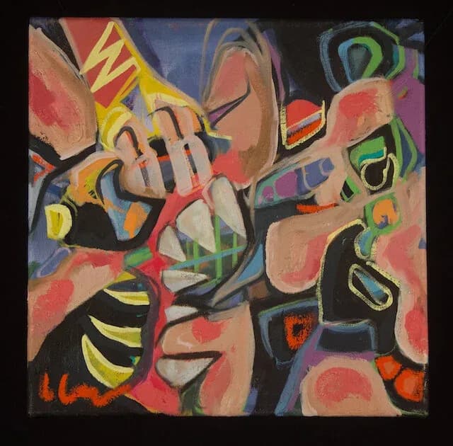 Abstract painting with layered geometric and organic forms in vibrant acrylic pigments.