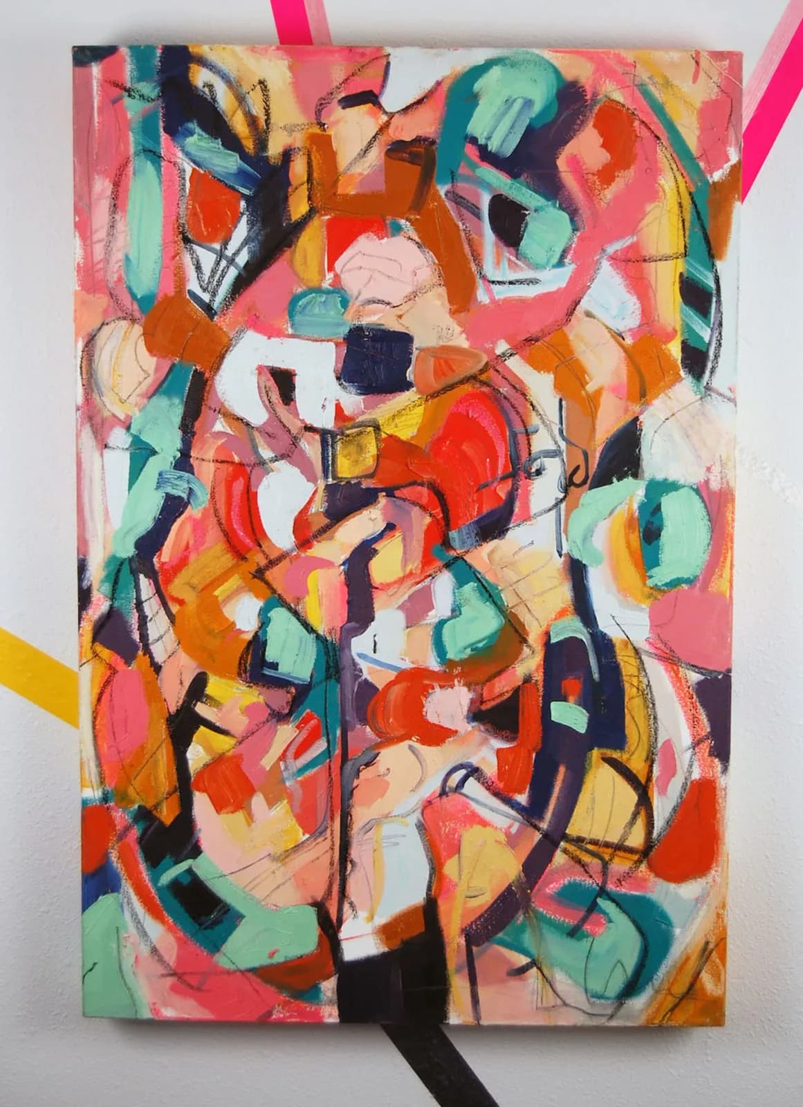 Abstract acrylic painting on panel with layered geometric shapes in vibrant pink, orange, teal, yellow, and red.