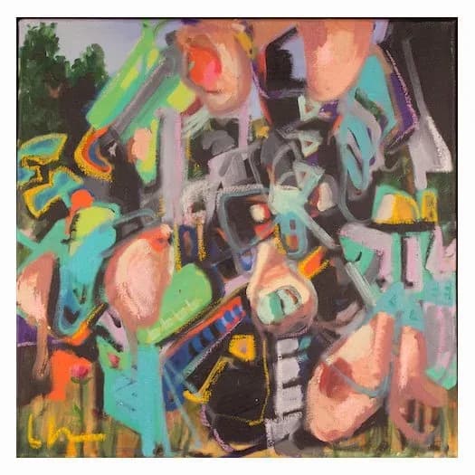 Abstract acrylic painting with vibrant colors, layered forms, and gestural mark-making on canvas.