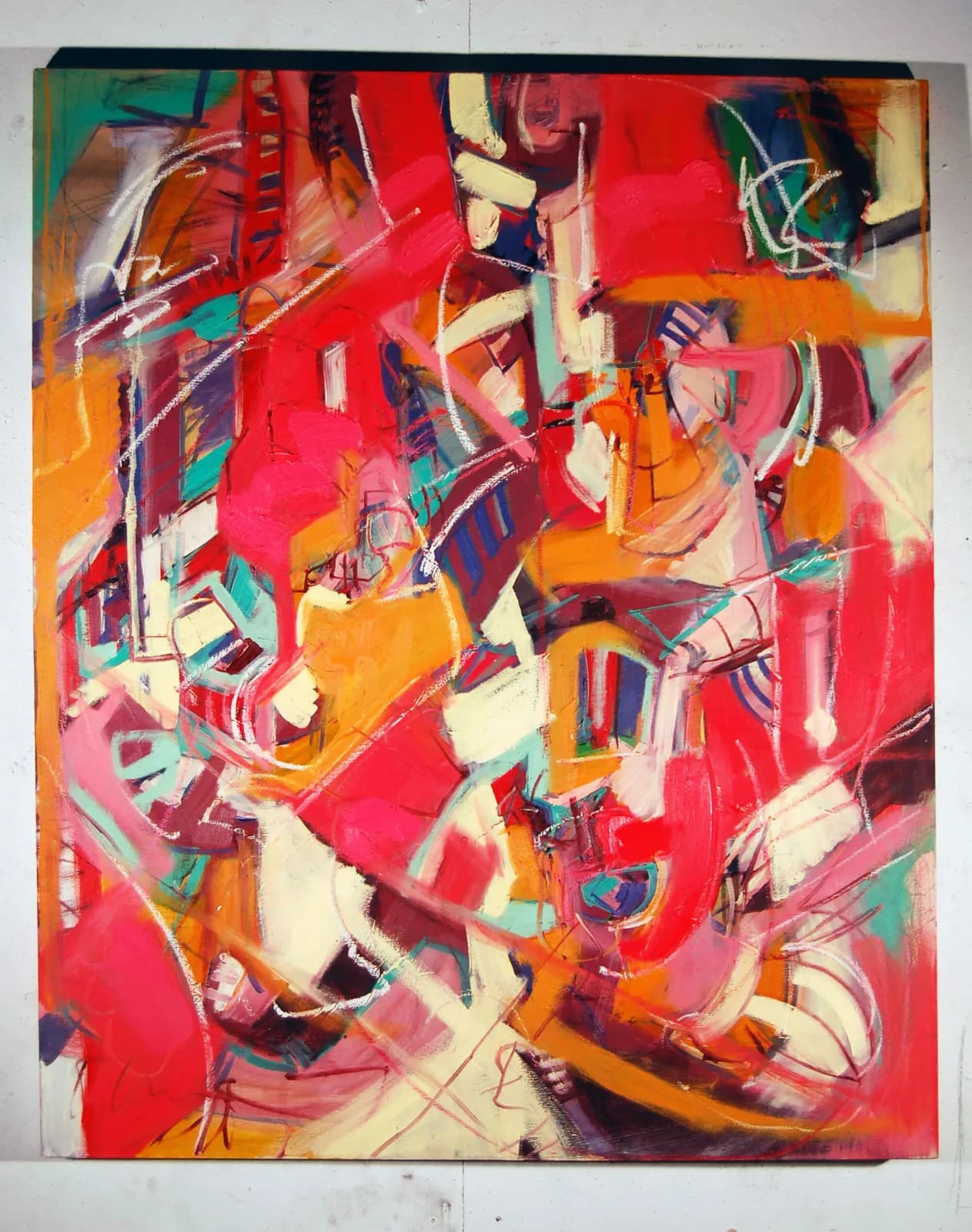 Vibrant abstract composition in acrylic with overlapping geometric and organic forms in red, orange, yellow, and teal.