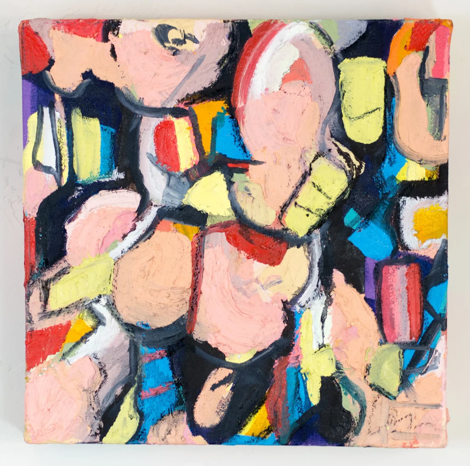 Abstract figurative painting with gestural brushwork and vibrant primary colors throughout.