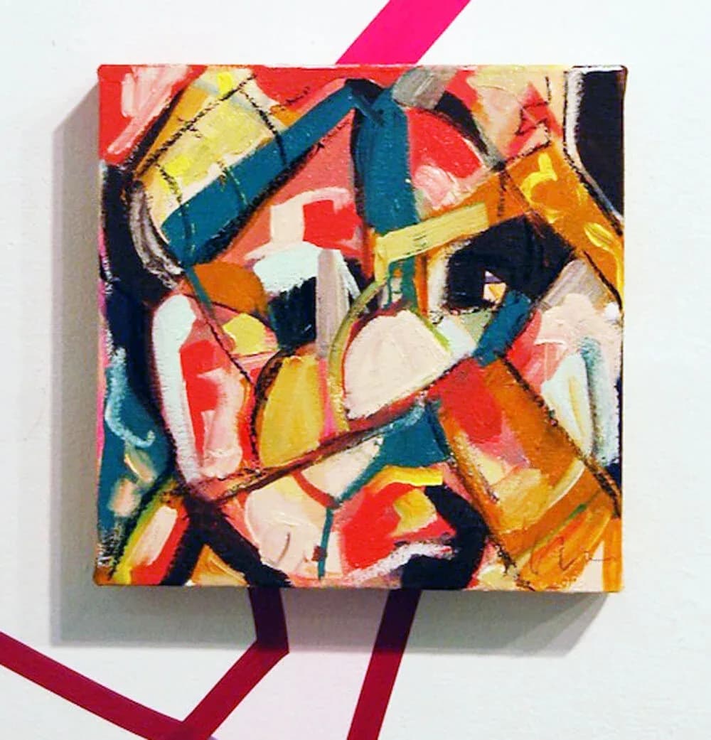 Abstract geometric painting in vibrant reds, yellows, blues, and blacks with interlocking angular forms.